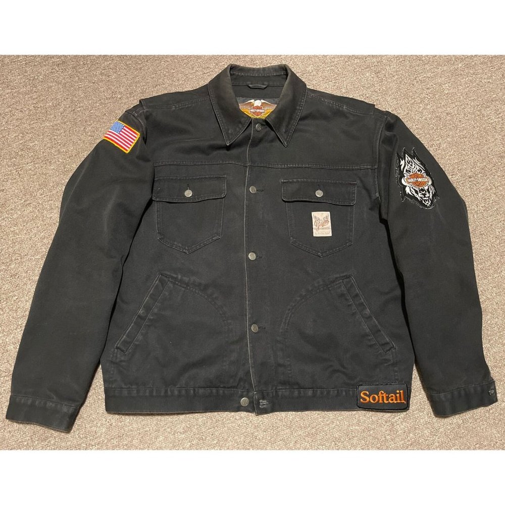 Mens XL Harley Davidson Motorcycles Softail Black Denim Embroidered Jacket
